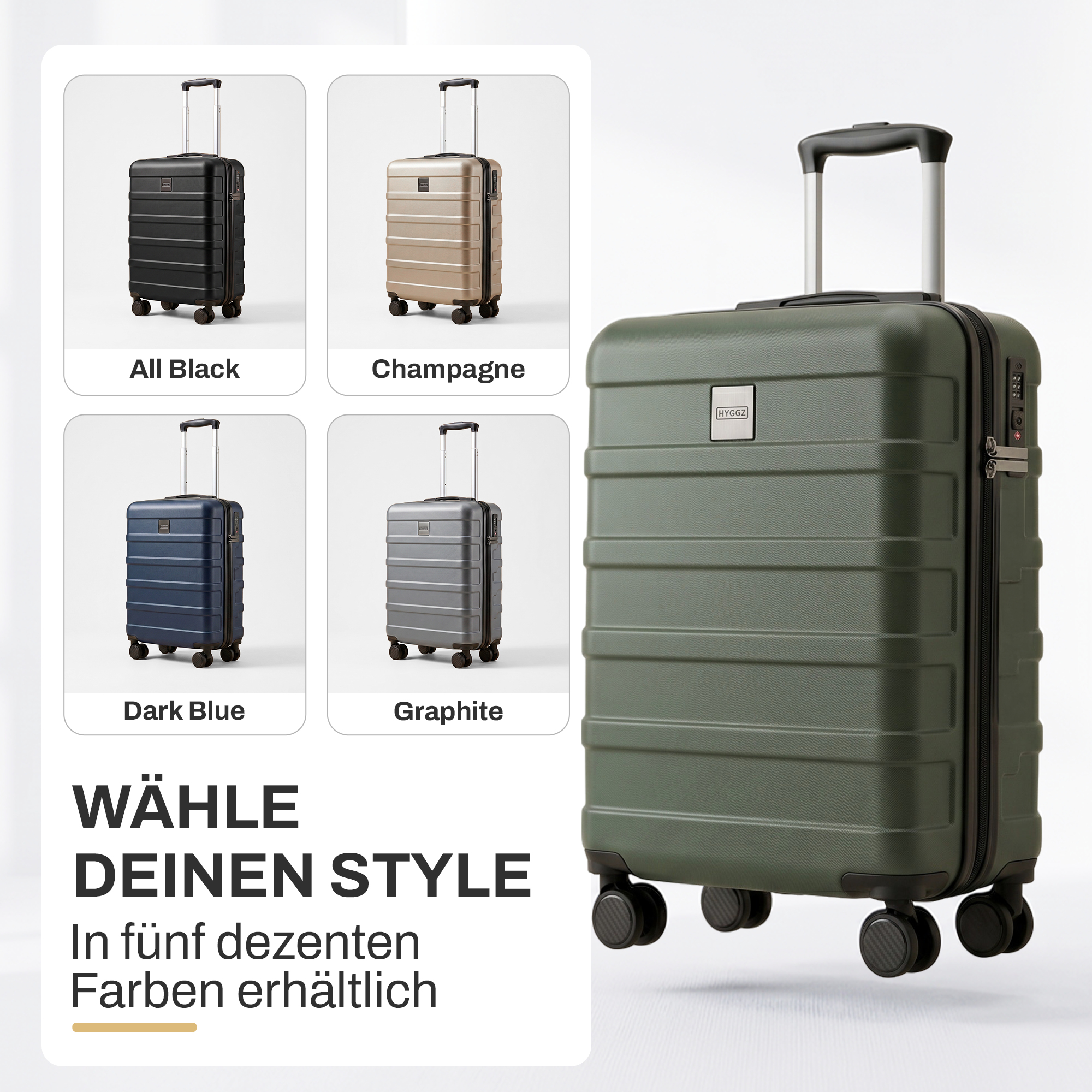 HYGGZ Handgepäck-Koffer in allen 5 Farben: All Black, Champagne, Forest Green, Dark Blue, Graphite